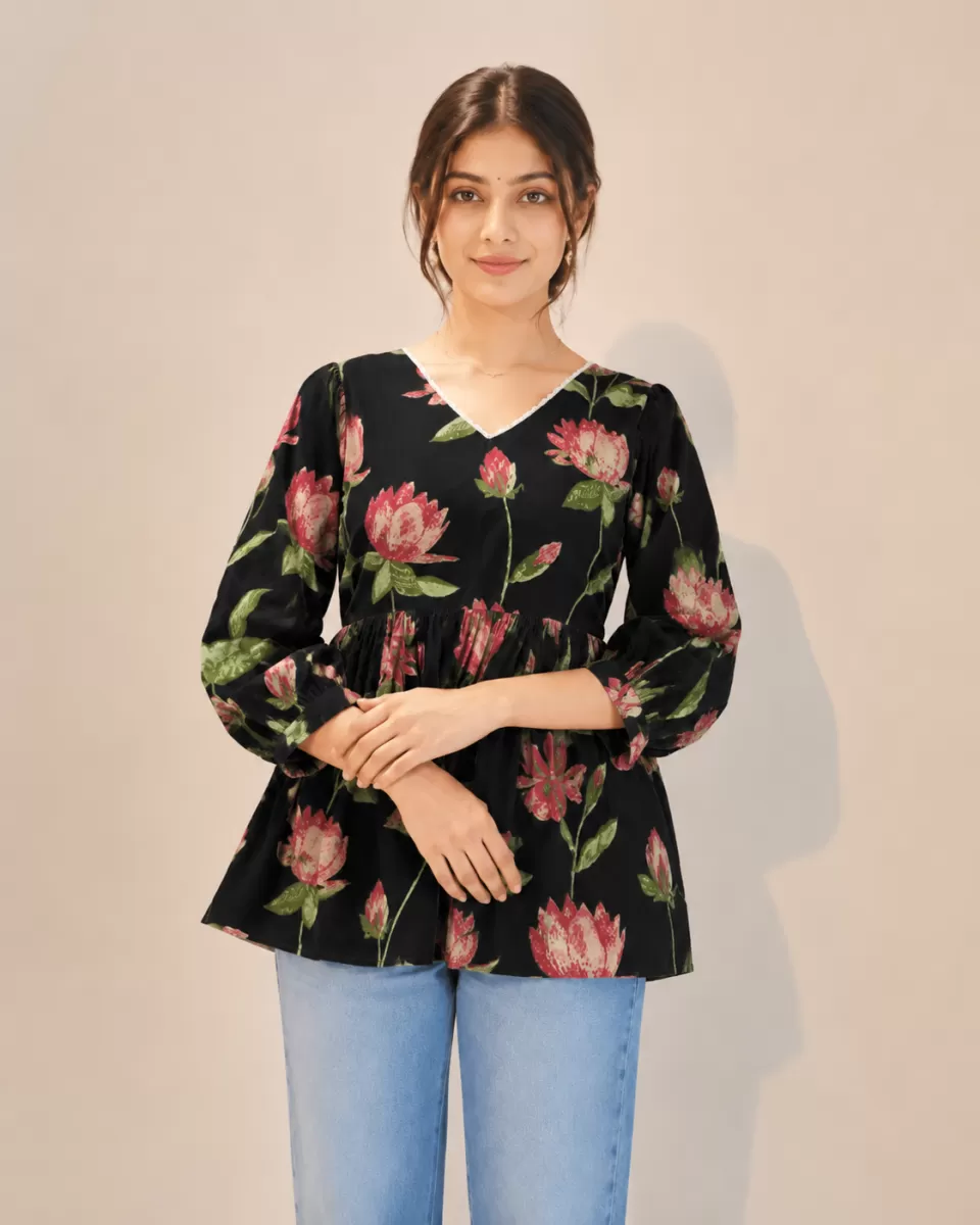 Bindaslook Floral Black Cotton Short Kurti for Women