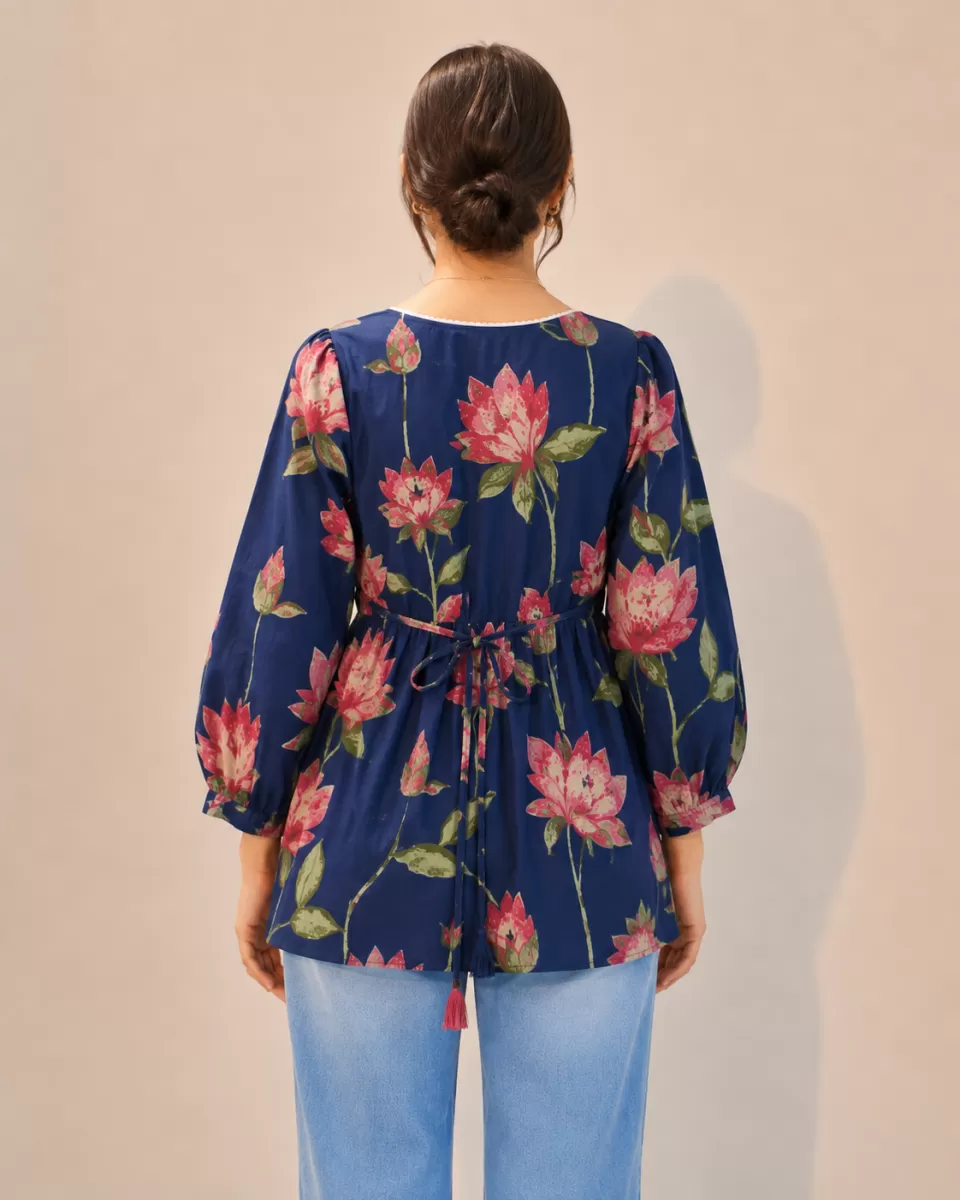 Bindaslook Floral Navy Blue Cotton Short Kurti for Women