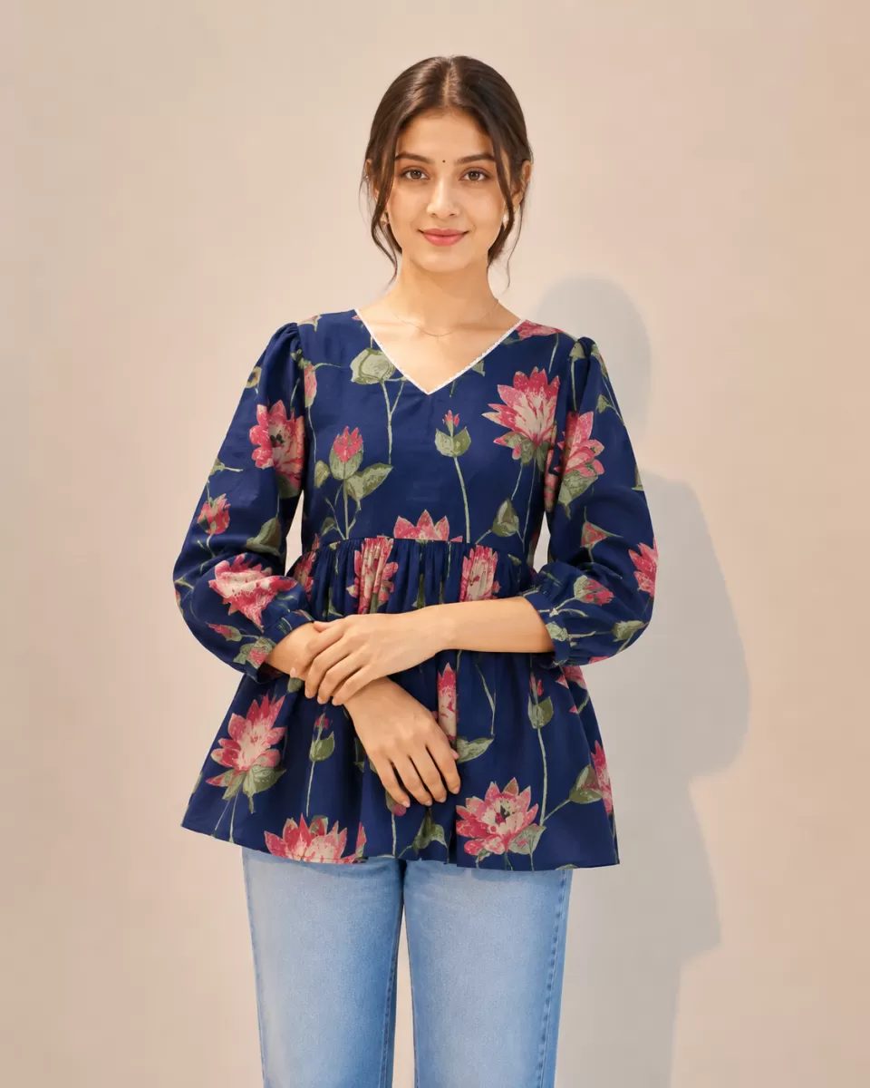Bindaslook Floral Navy Blue Cotton Short Kurti for Women