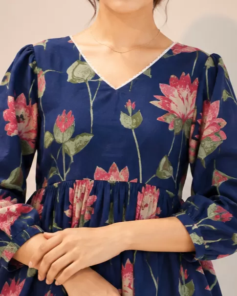Bindaslook Floral Navy Blue Cotton Short Kurti for Women