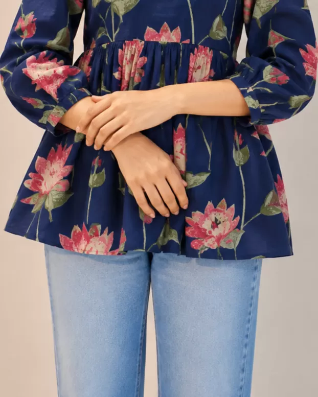 Bindaslook Floral Navy Blue Cotton Short Kurti for Women