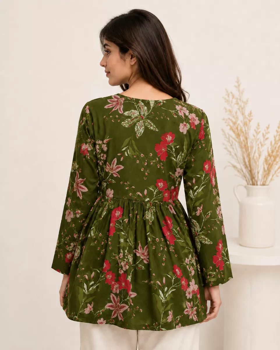 Bindaslook Floral Green Cotton Short Kurti for Women