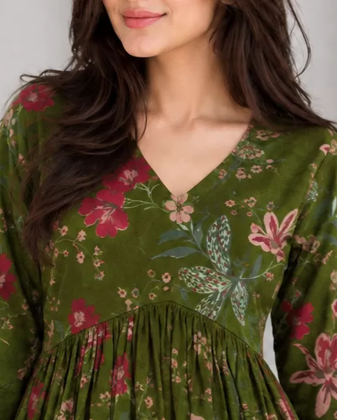 Bindaslook Floral Green Cotton Short Kurti for Women