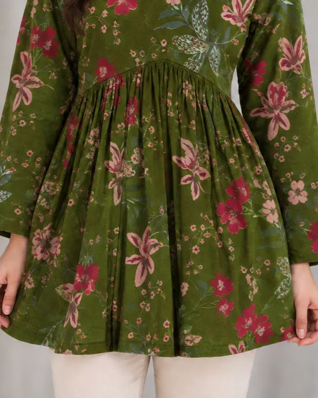 Bindaslook Floral Green Cotton Short Kurti for Women