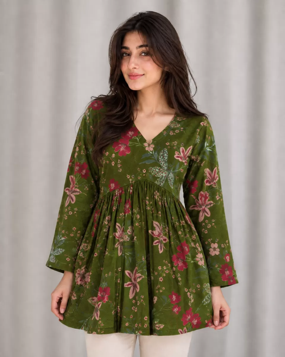 Bindaslook Floral Green Cotton Short Kurti for Women
