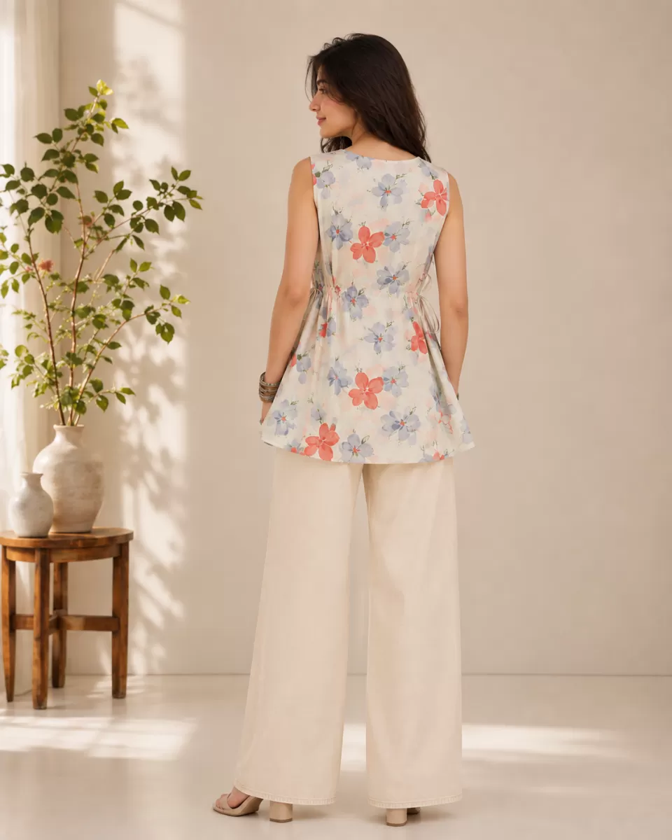 Bindaslook Floral White Cotton Short Kurti for Women