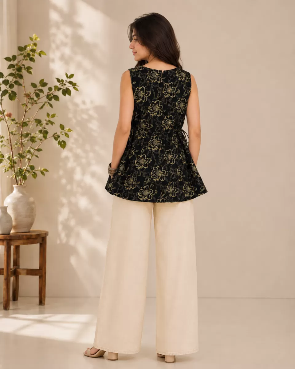 Bindaslook Floral Black Cotton Flared Short Kurti for Women