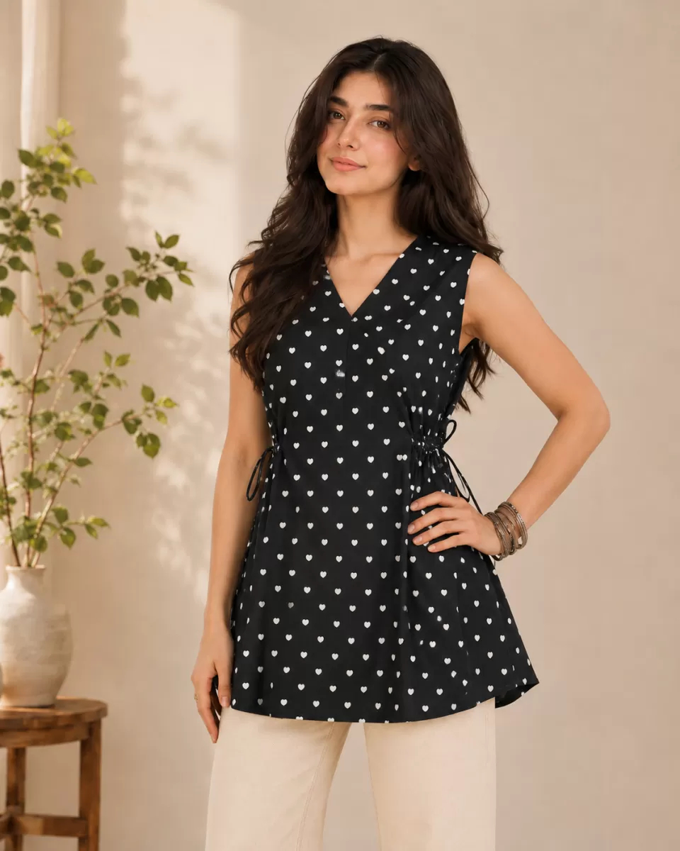 Bindaslook Digital Print Black Cotton Short Kurti for Women