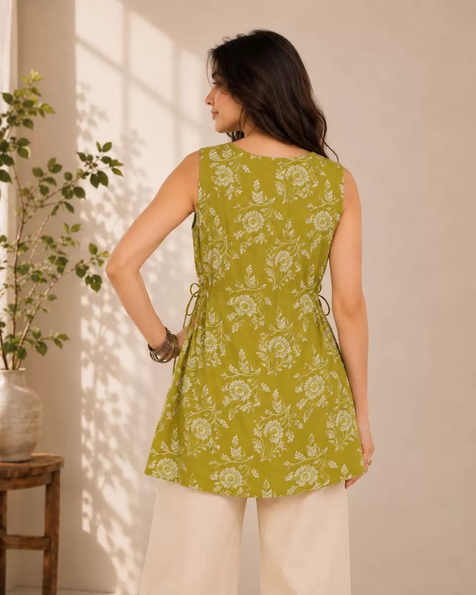 Bindaslook Floral Green Cotton Short Kurti for Women