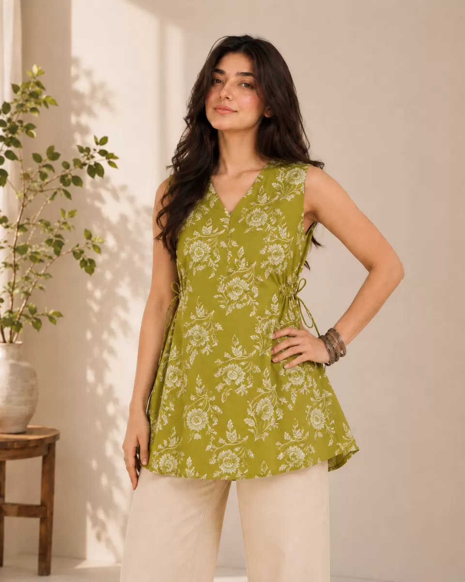 Bindaslook Floral Green Cotton Short Kurti for Women