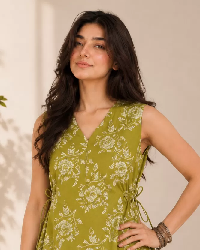 Bindaslook Floral Green Cotton Short Kurti for Women