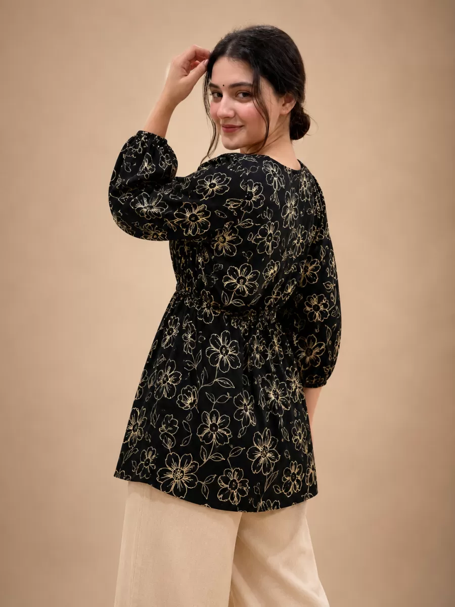 Bindaslook Floral Black Cotton Straight Short Kurti for Women