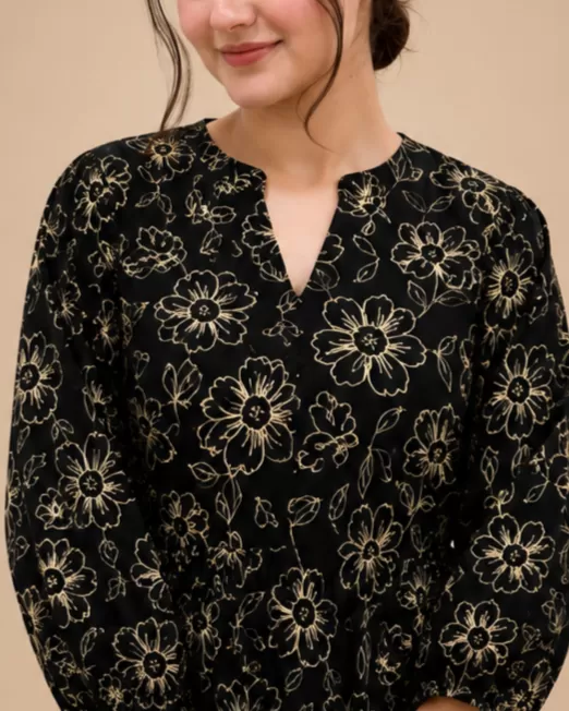 Bindaslook Floral Black Cotton Straight Short Kurti for Women