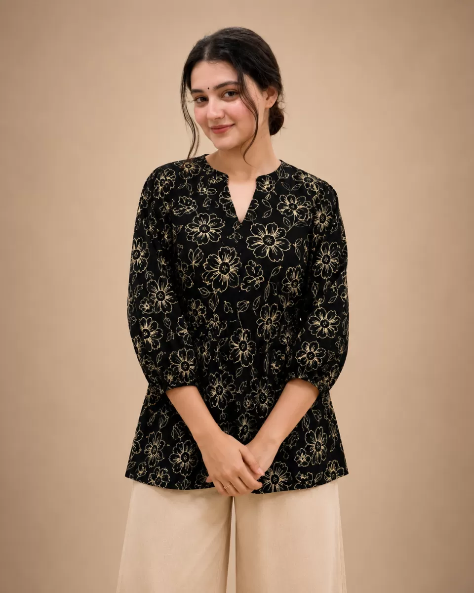 Bindaslook Floral Black Cotton Straight Short Kurti for Women