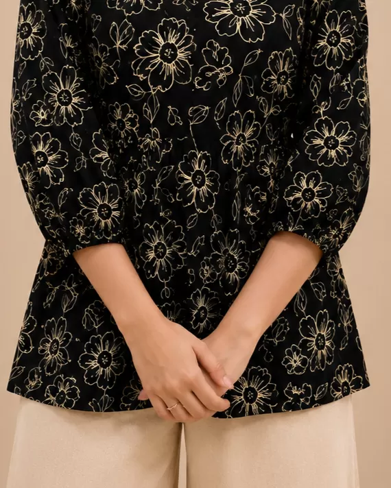 Bindaslook Floral Black Cotton Straight Short Kurti for Women