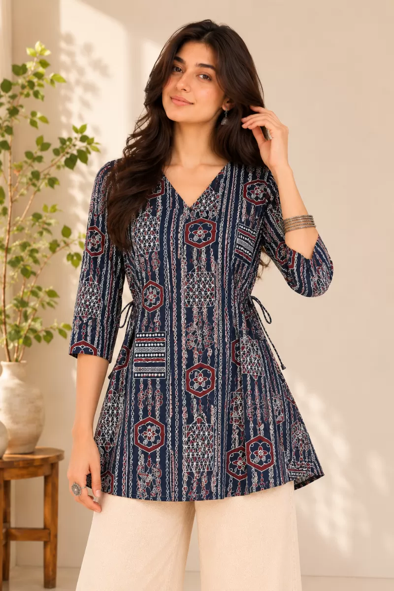 Bindaslook Block Print Navy Blue Cotton Flared Short Kurti for Women