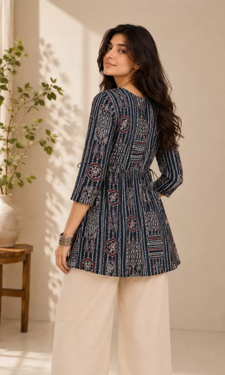 Bindaslook Block Print Navy Blue Cotton Flared Short Kurti for Women