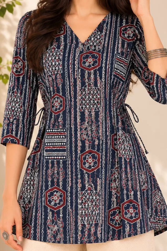 Bindaslook Block Print Navy Blue Cotton Flared Short Kurti for Women