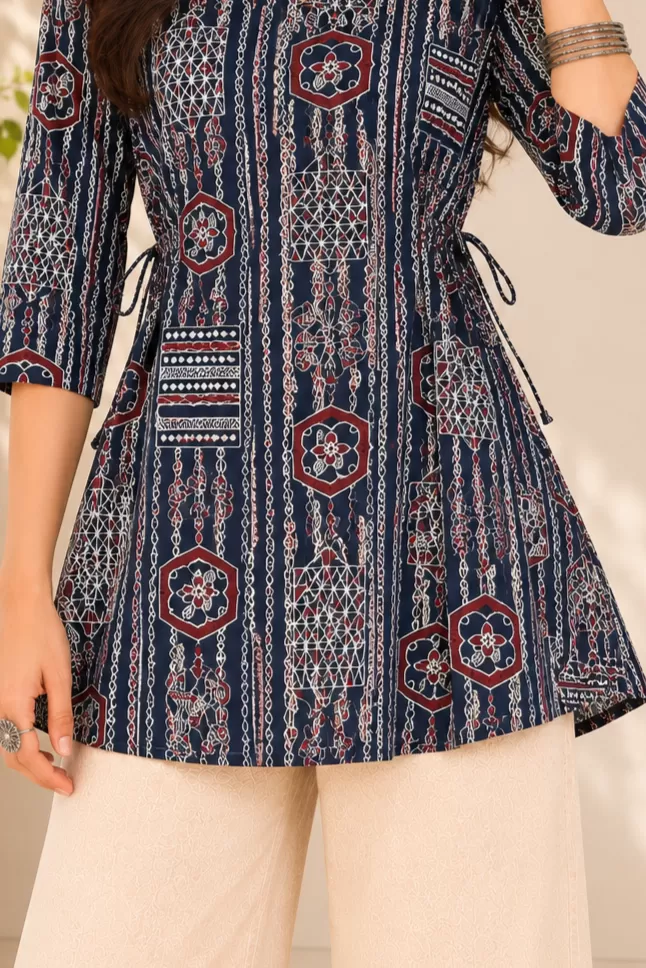 Bindaslook Block Print Navy Blue Cotton Flared Short Kurti for Women