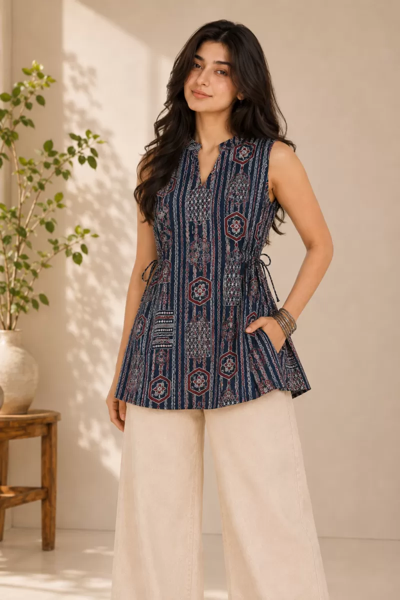 Bindaslook Block Print Navy Blue Cotton Short Kurti for Women