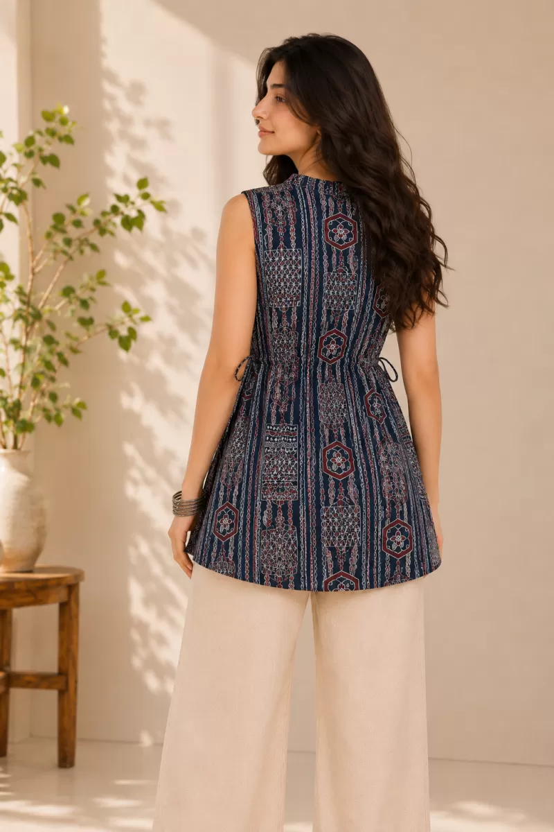 Bindaslook Block Print Navy Blue Cotton Short Kurti for Women