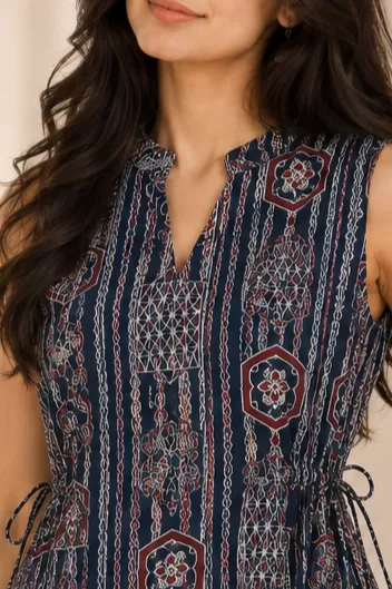 Bindaslook Block Print Navy Blue Cotton Short Kurti for Women