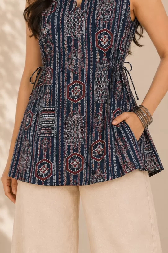 Bindaslook Block Print Navy Blue Cotton Short Kurti for Women